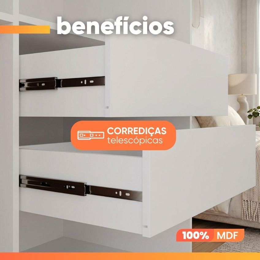 Guarda Roupa Casal Flower 2 Portas De Correr 4 Gavetas MDF Branco Panan Móveis - imagem 3