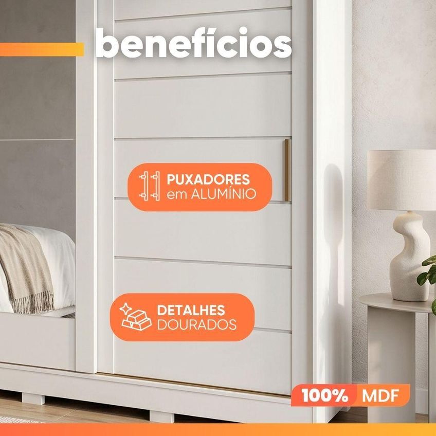 Guarda Roupa Casal Flower 2 Portas De Correr 4 Gavetas MDF Branco Panan Móveis - imagem 4