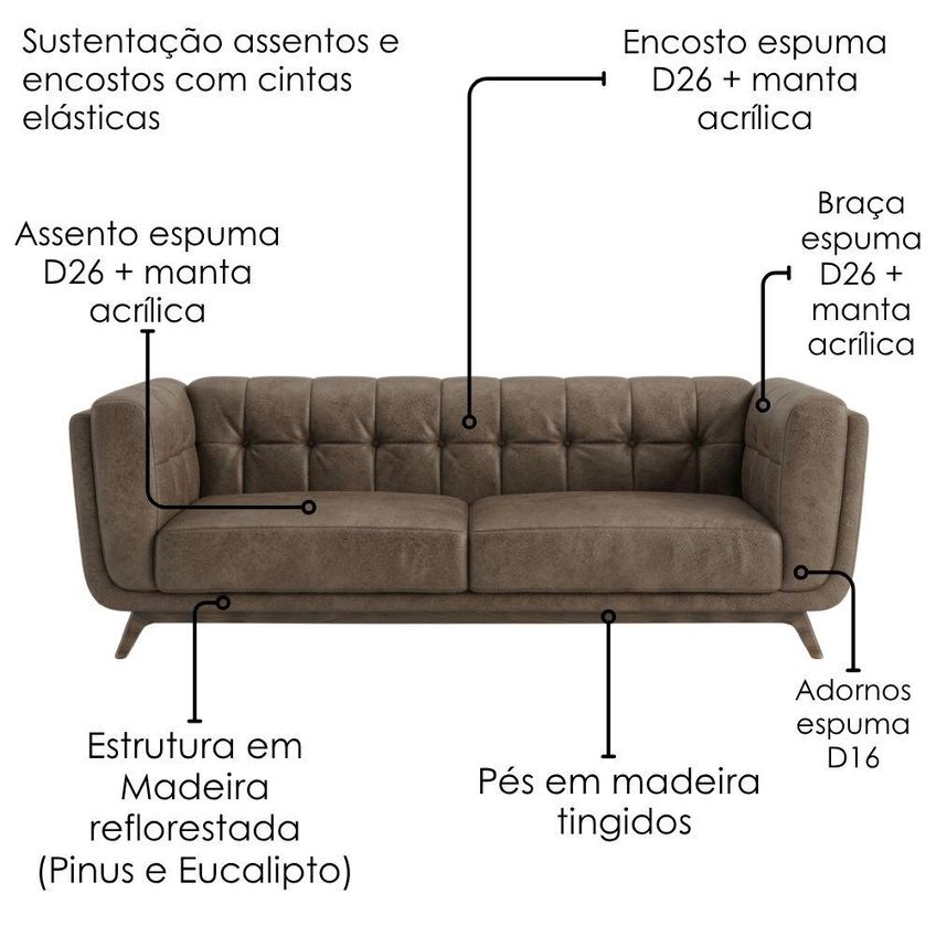 Sofa Living 2 Lugares Bellare 180 Cm Pes Madeira Courino Tcs 729 Moll - imagem 5