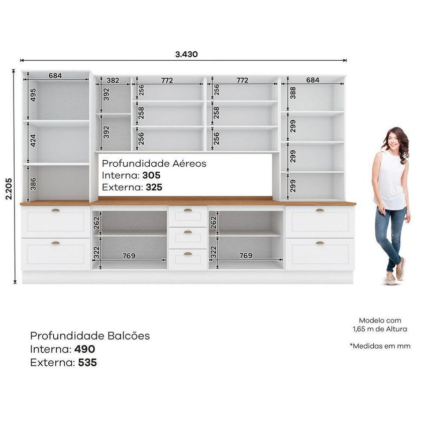 Cozinha Compacta Amy 17 Portas 11 Gavetas MDF 343cm Branco HP Calcare Casa 812 - imagem 5