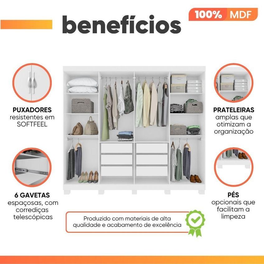 Guarda Roupa Casal Serena 8 Portas De Bater Com Espelho 6 Gavetas MDF Branco - imagem 2