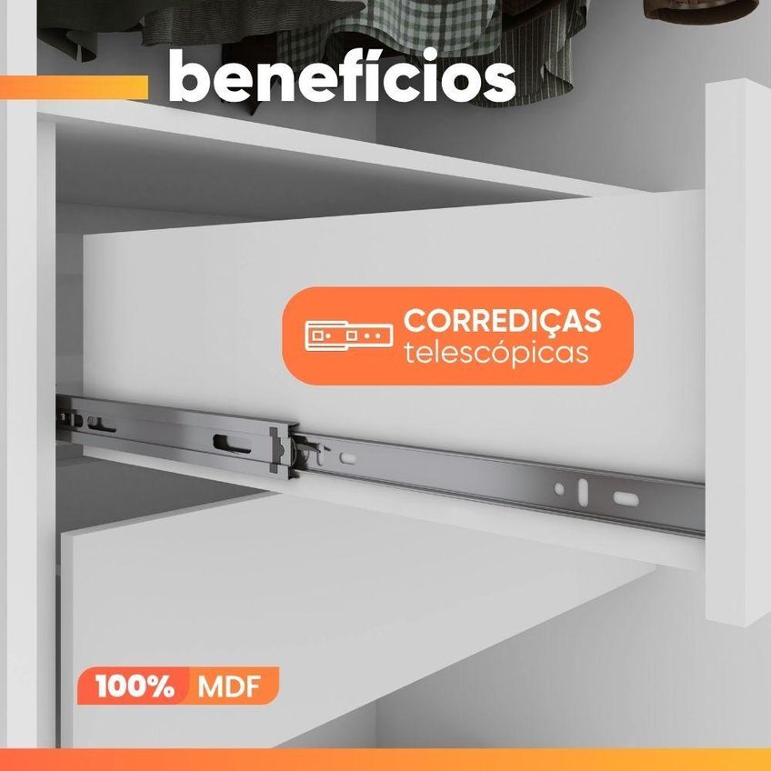 Guarda Roupa Casal Serena 8 Portas De Bater Com Espelho 6 Gavetas MDF Branco - imagem 3