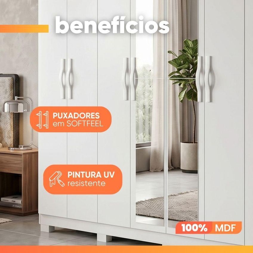 Guarda Roupa Casal Serena 8 Portas De Bater Com Espelho 6 Gavetas MDF Branco - imagem 4