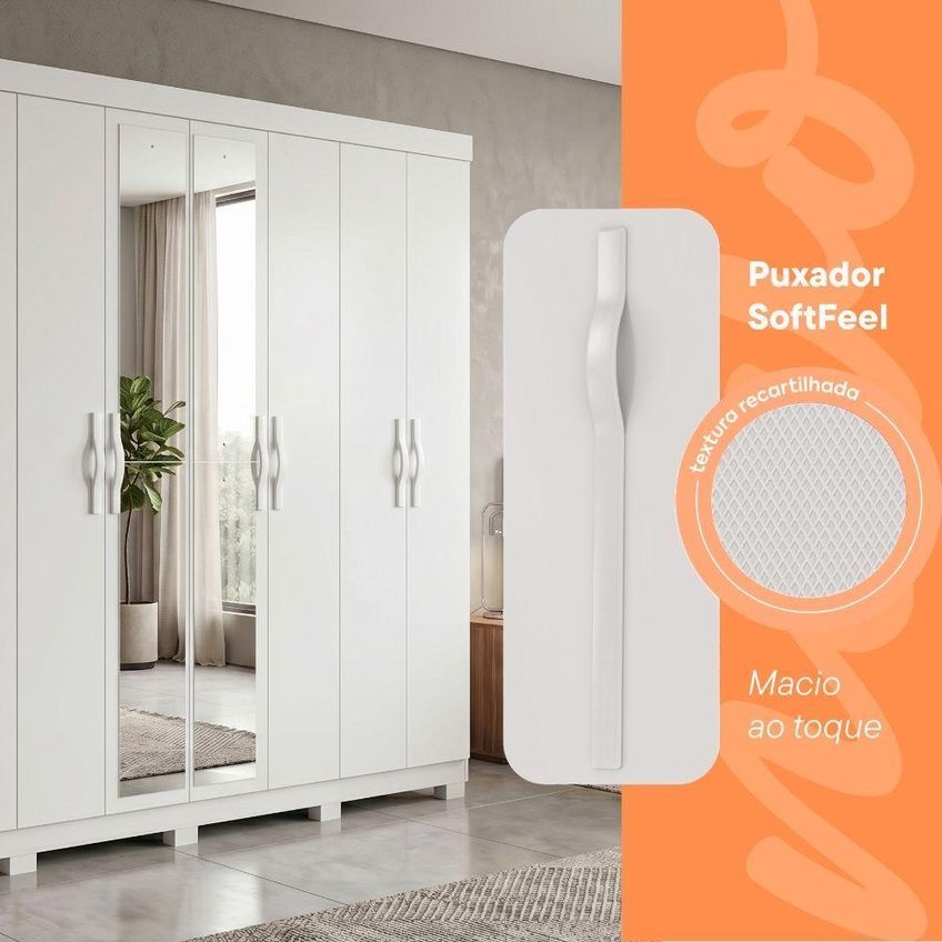 Guarda Roupa Casal Serena 8 Portas De Bater Com Espelho 6 Gavetas MDF Branco - imagem 5
