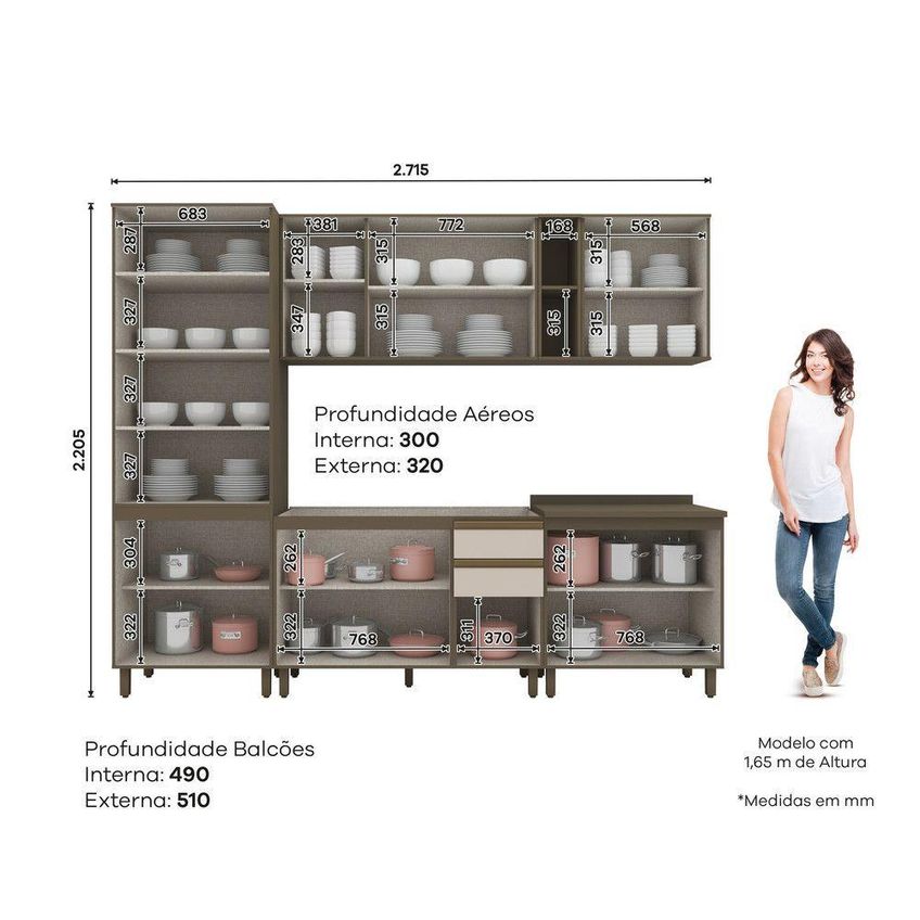 Cozinha Compacta 100% MDF 6 Peças Para Pia Com Cristaleira Lora 13 Portas 9 Prateleiras Casa 812 - imagem 2