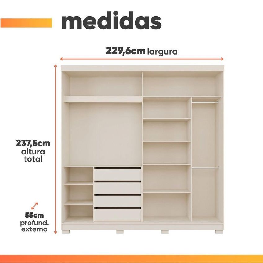 Guarda Roupa Casal Livia 2 Portas De Correr 4 Gavetas MDF Branco Panan Móveis - imagem 3