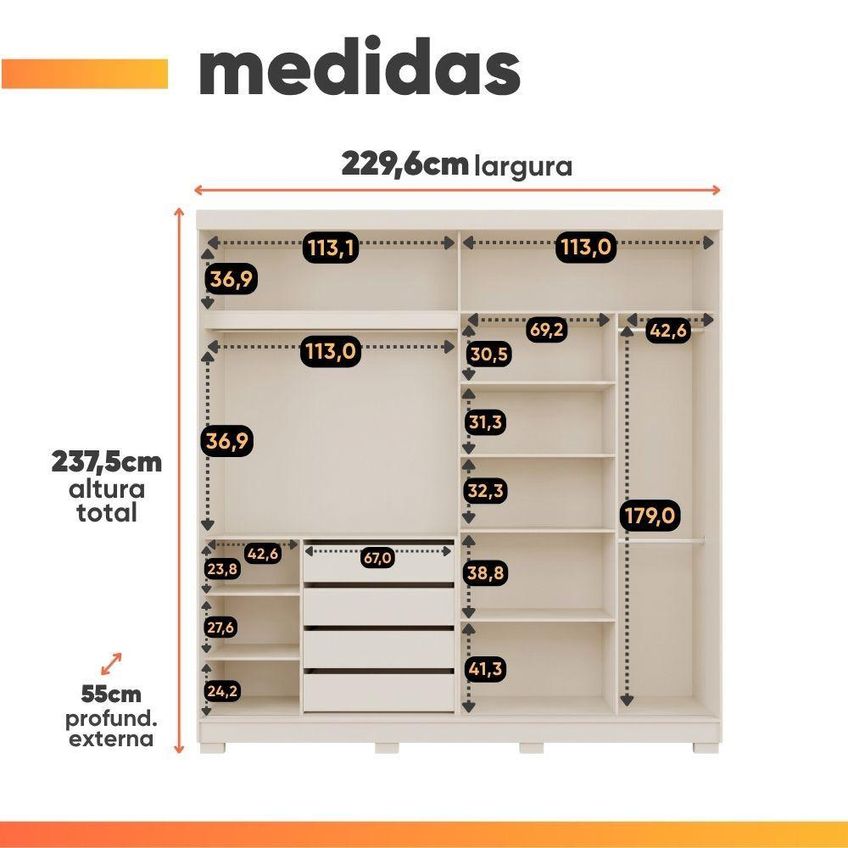 Guarda Roupa Casal Livia 2 Portas De Correr 4 Gavetas MDF Branco Panan Móveis - imagem 4