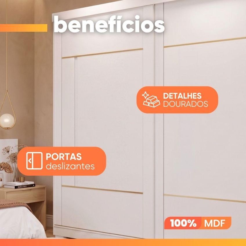 Guarda Roupa Casal Livia 2 Portas De Correr 4 Gavetas MDF Branco Panan Móveis - imagem 5