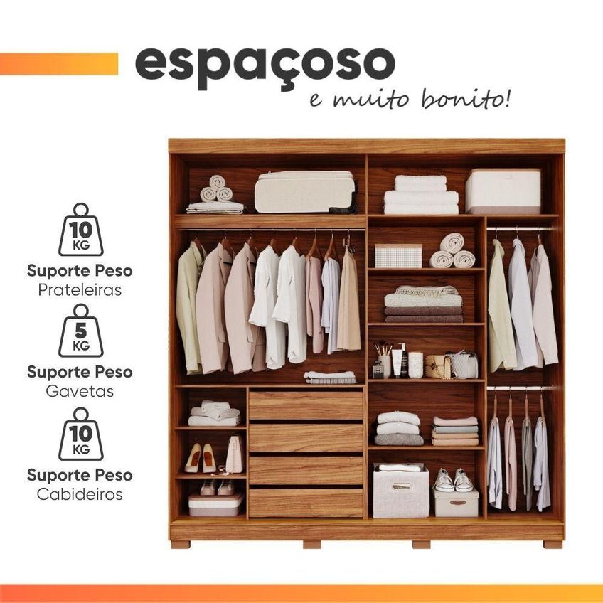 Guarda Roupa Casal Livia 2 Portas De Correr 4 Gavetas Mdf Madeir-off - imagem 3