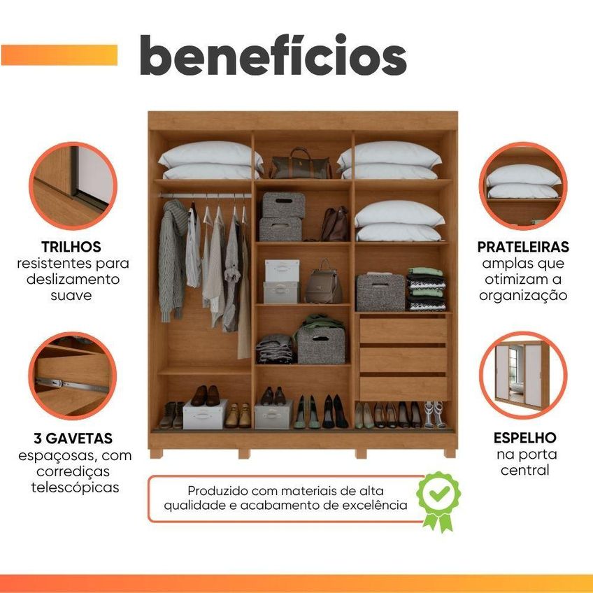 Guarda Roupa Casal Saimon 3 Portas De Correr 3 Gavetas Mdf-mdp Madeir-off Móveis Lopas - imagem 2