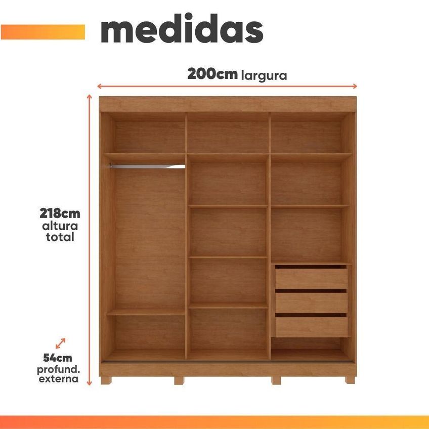 Guarda Roupa Casal Saimon 3 Portas De Correr 3 Gavetas Mdf-mdp Madeir-off Móveis Lopas - imagem 3