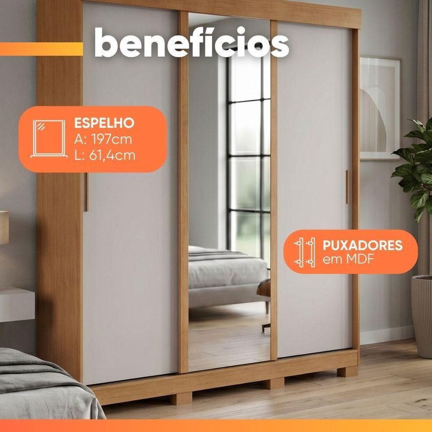 Guarda Roupa Casal Saimon 3 Portas De Correr 3 Gavetas Mdf-mdp Madeir-off Móveis Lopas - imagem 5