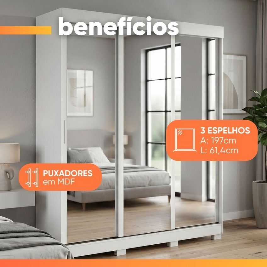 Guarda Roupa Casal Saimon 3 Portas De Correr 3 Gavetas Mdf-mdp Branco Móveis Lopas - imagem 3