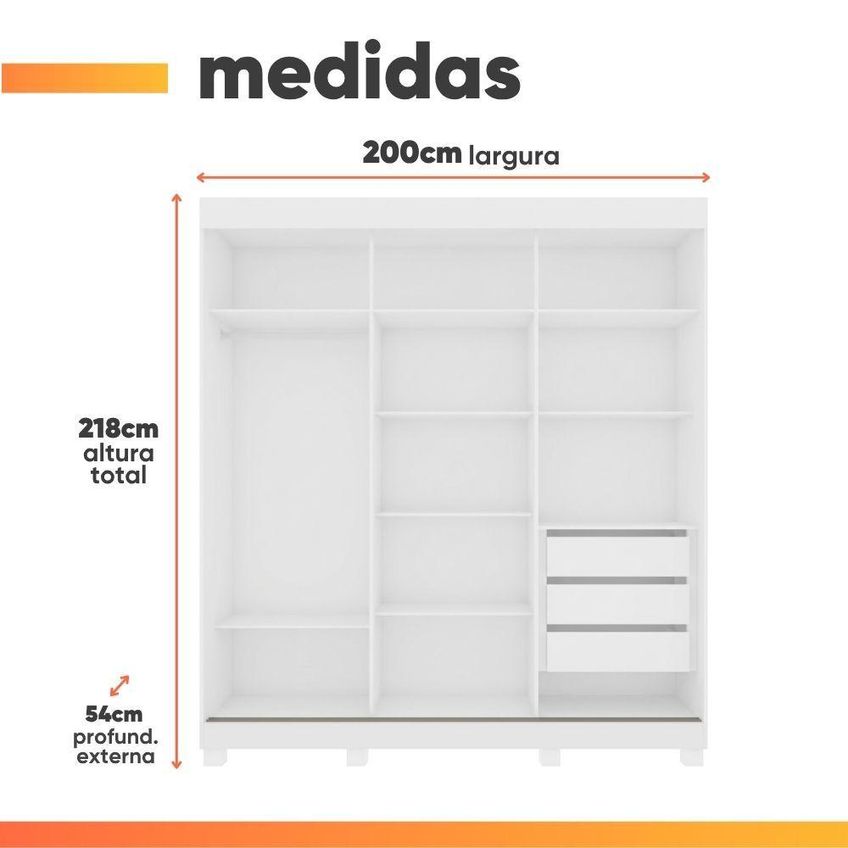 Guarda Roupa Casal Saimon 3 Portas De Correr 3 Gavetas Mdf-mdp Branco Móveis Lopas - imagem 4