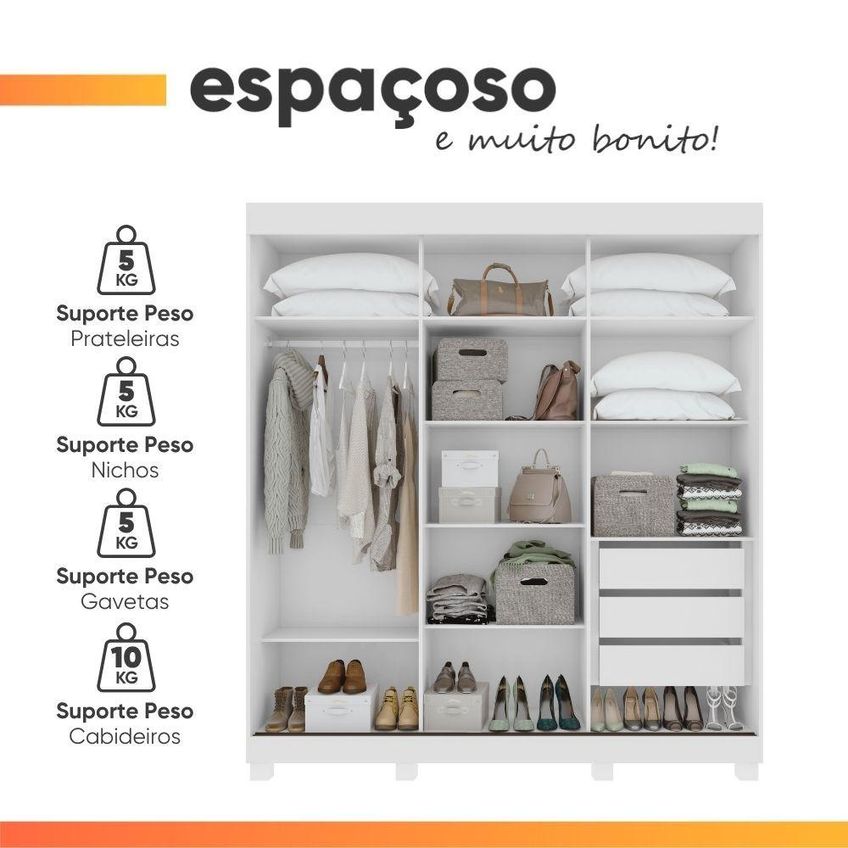Guarda Roupa Casal Saimon 3 Portas De Correr 3 Gavetas Mdf-mdp Branco Móveis Lopas - imagem 5