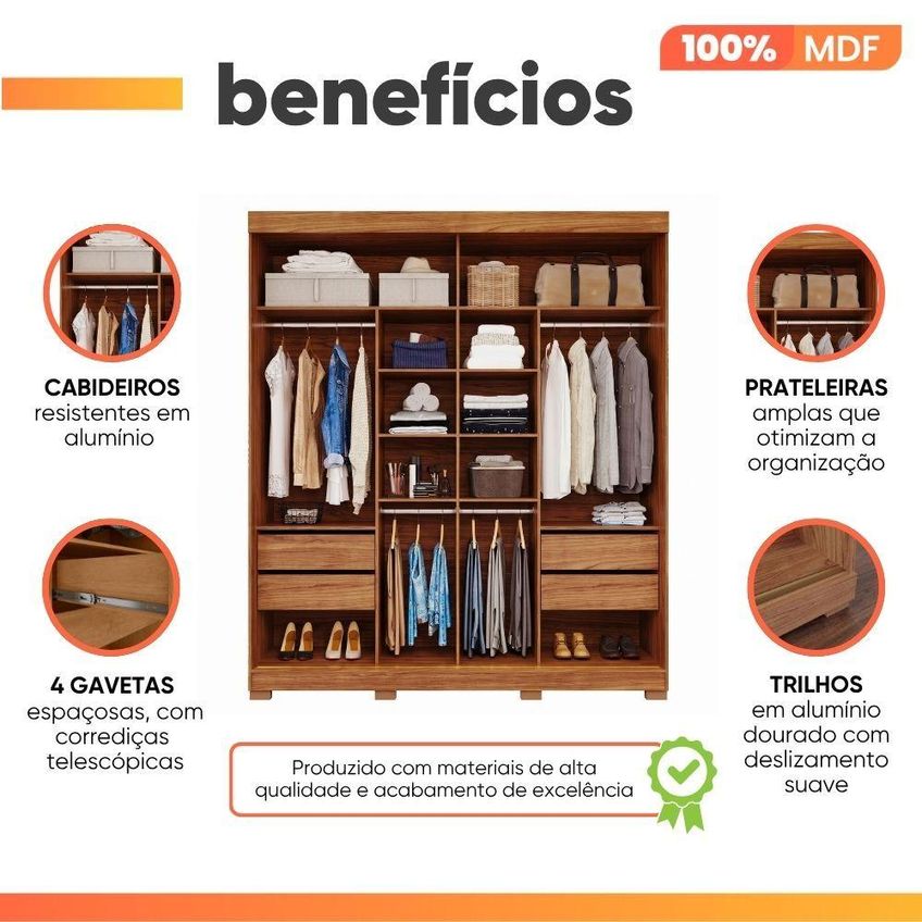 Guarda Roupa Casal Flower 2 Portas De Correr 4 Gavetas Com Espelho MDF Madeir-off - imagem 4