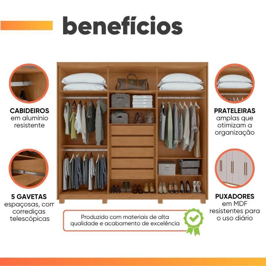 Guarda Roupa Casal Ávila 6 Portas De Bater 5 Gavetas MDP Móveis Lopas - imagem 3