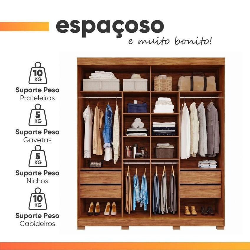 Guarda Roupa Casal Flower 2 Portas De Correr 4 Gavetas Com Espelho MDF Madeir-off - imagem 5