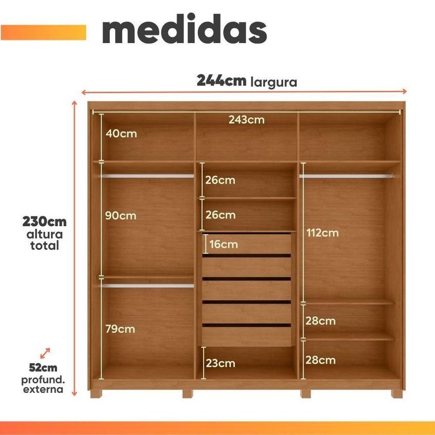 Guarda Roupa Casal Ávila 6 Portas De Bater 5 Gavetas MDP Móveis Lopas - imagem 5