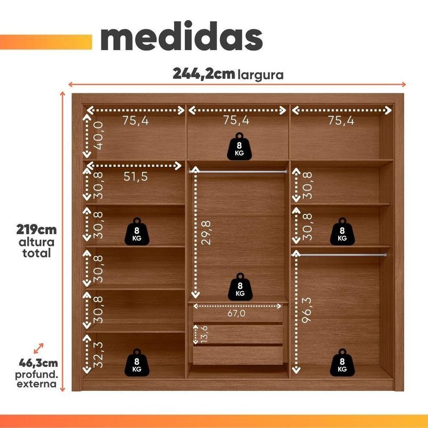 Guarda Roupas Casal 6 Portas 3 Gavetas Frisado Melina - imagem 3