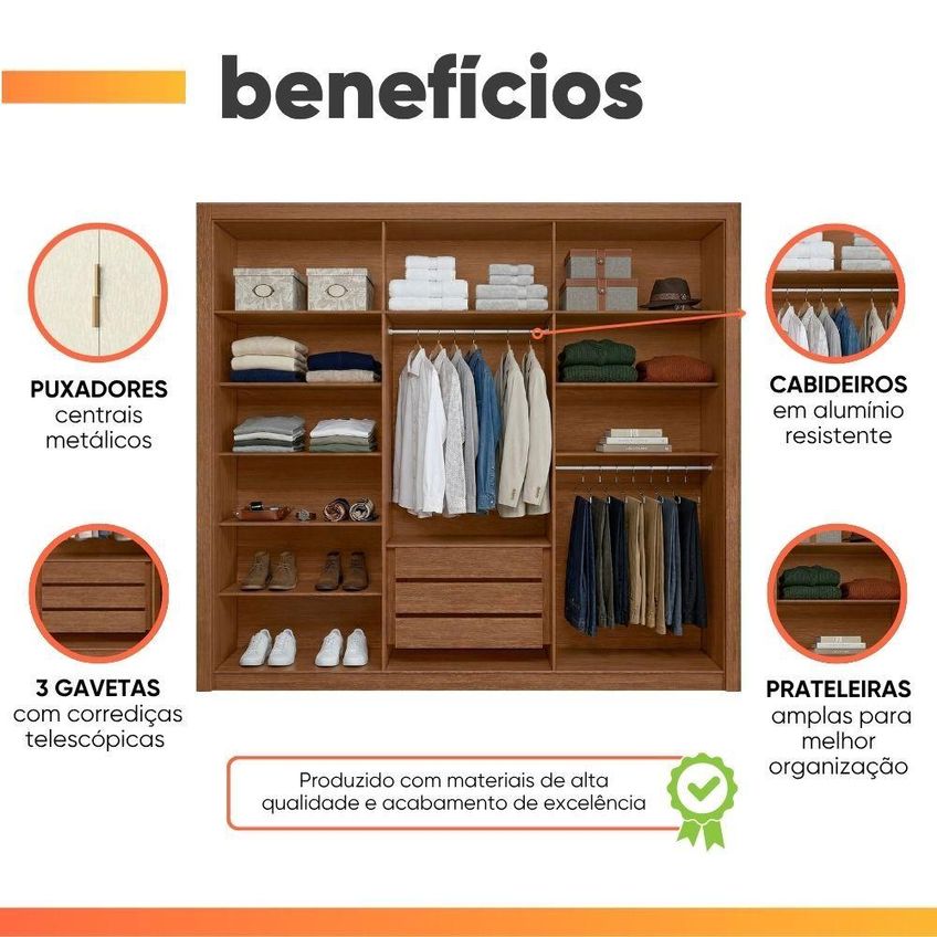 Guarda Roupas Casal 6 Portas 3 Gavetas Frisado Melina - imagem 4