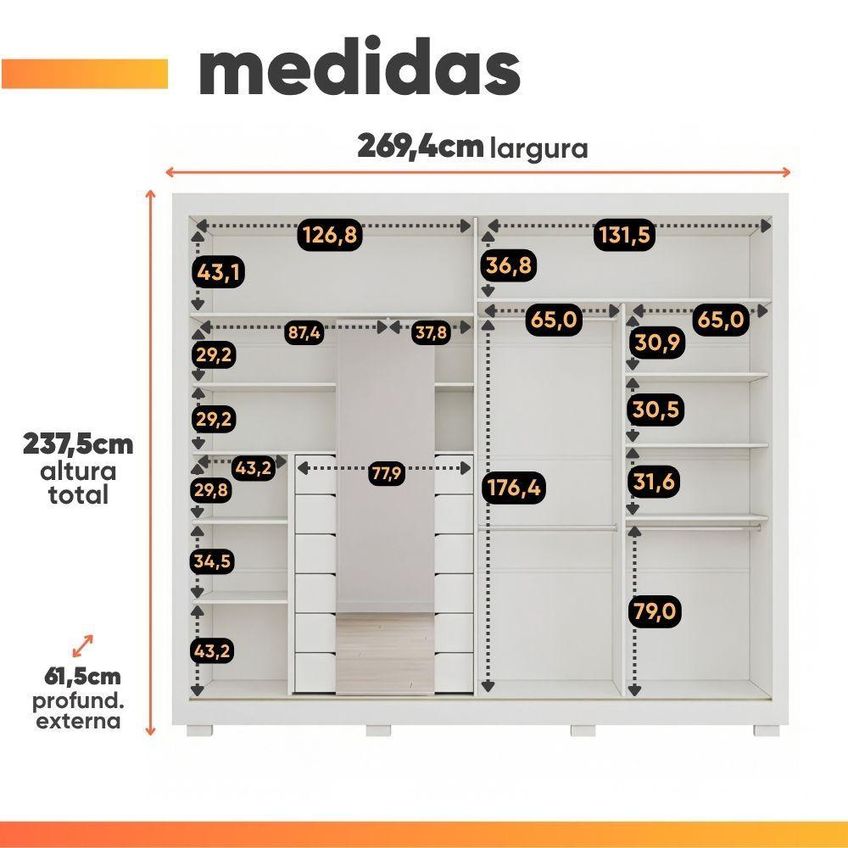 Guarda Roupa Casal Clara 2 Portas De Correr 6 Gavetas Mdf Off White Grafiato - imagem 4