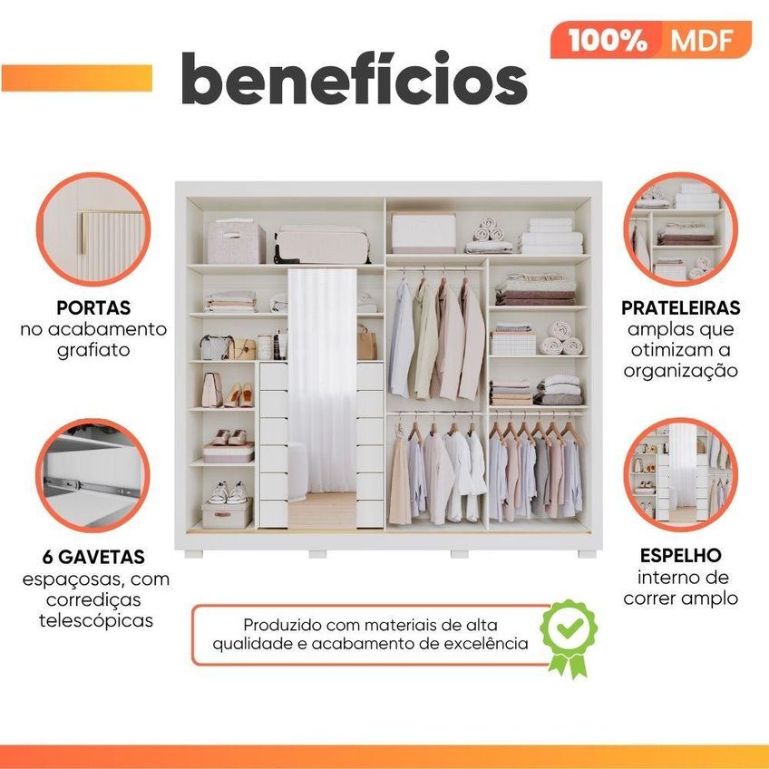 Guarda Roupa Casal Clara 2 Portas De Correr 6 Gavetas Mdf Off White Grafiato - imagem 5
