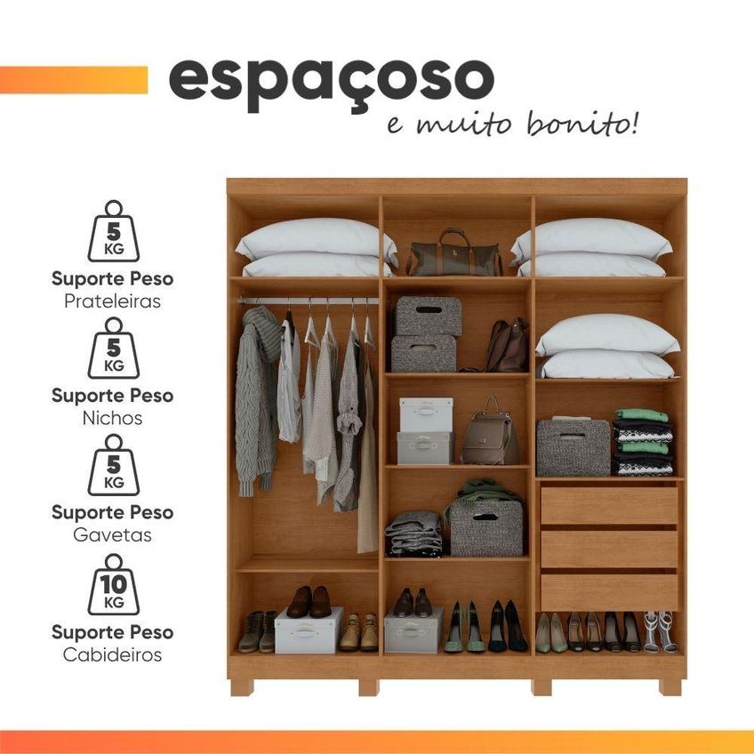 Guarda Roupa Casal Sing 6 Portas De Bater 3 Gavetas MDP Madeir-Off - imagem 4