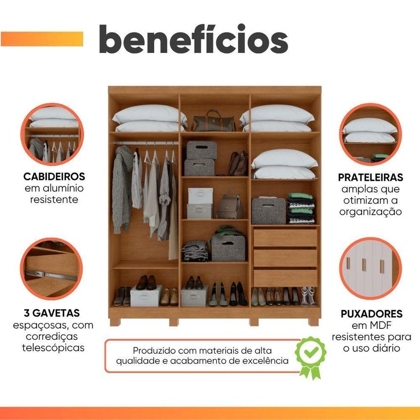 Guarda Roupa Casal Sing 6 Portas De Bater 3 Gavetas MDP Madeir-Off - imagem 5