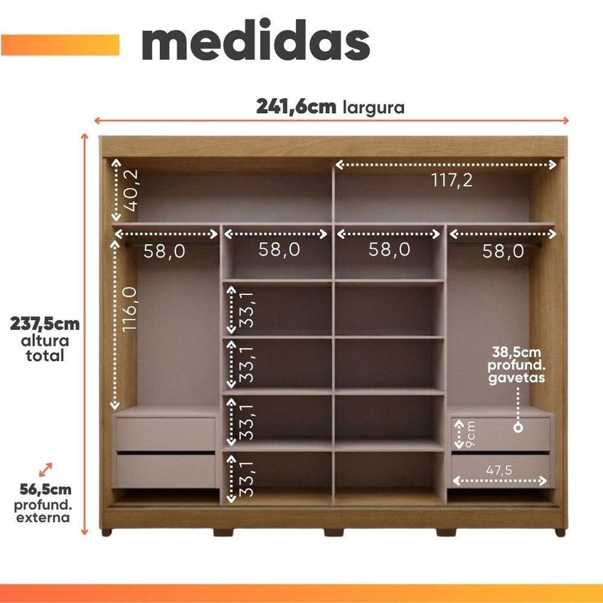 Guarda Roupas Casal Imola 2 Portas De Correr 4 Gavetas MDF Madeirado-Mocca Luciane Móveis - imagem 2