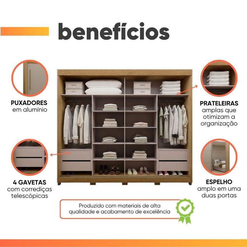Guarda Roupas Casal Imola 2 Portas De Correr 4 Gavetas MDF Madeirado-Mocca Luciane Móveis - imagem 4