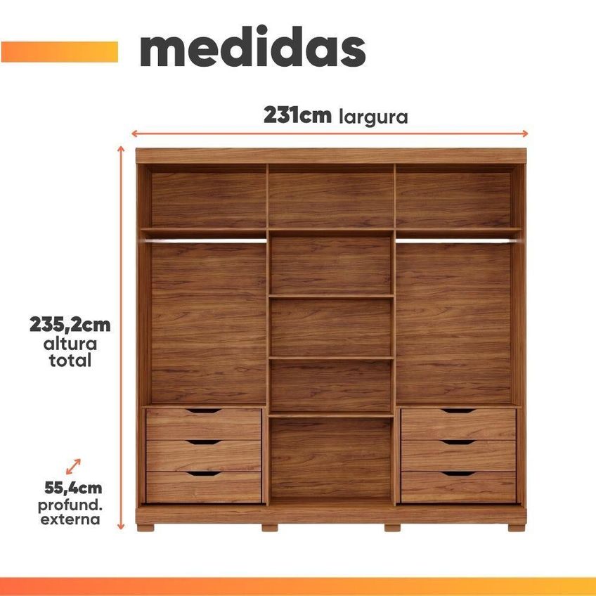 Guarda Roupa Casal Lia 3 Portas De Correr Com Espelho 6 Gavetas Mdf Madeirado - imagem 2