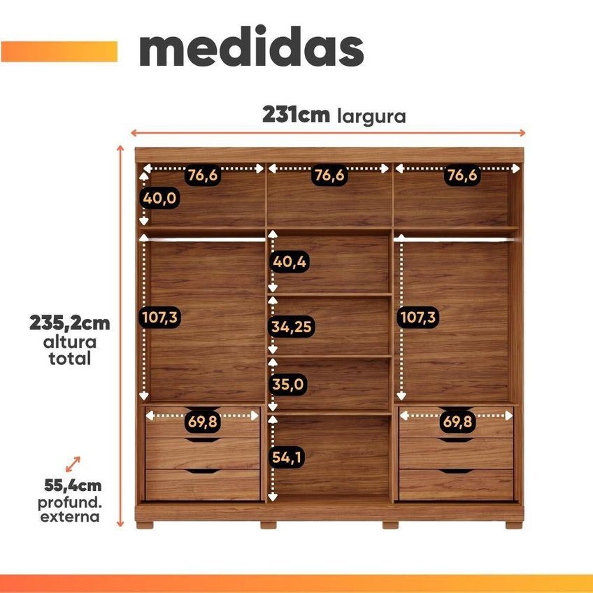 Guarda Roupa Casal Lia 3 Portas De Correr Com Espelho 6 Gavetas Mdf Madeirado - imagem 3