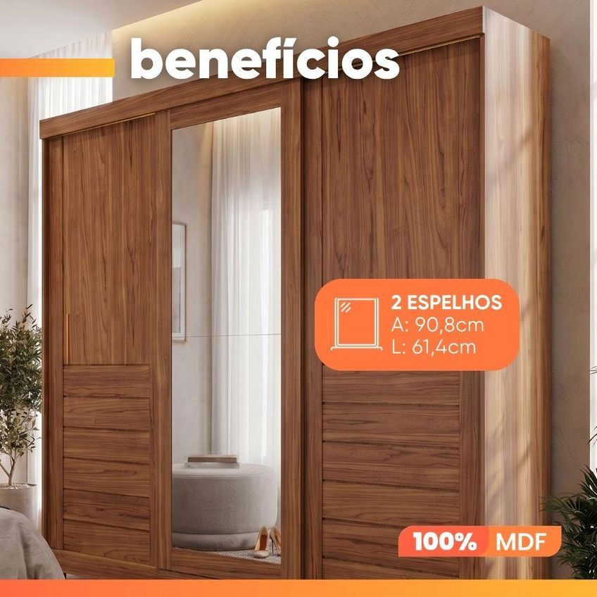 Guarda Roupa Casal Lia 3 Portas De Correr Com Espelho 6 Gavetas Mdf Madeirado - imagem 4