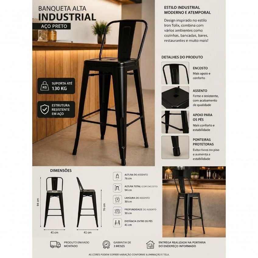 Kit 4 Banquetas Altas Industriais Iron Tolix Assento Fixo Encosto Preto Aço Decoreshop - imagem 5