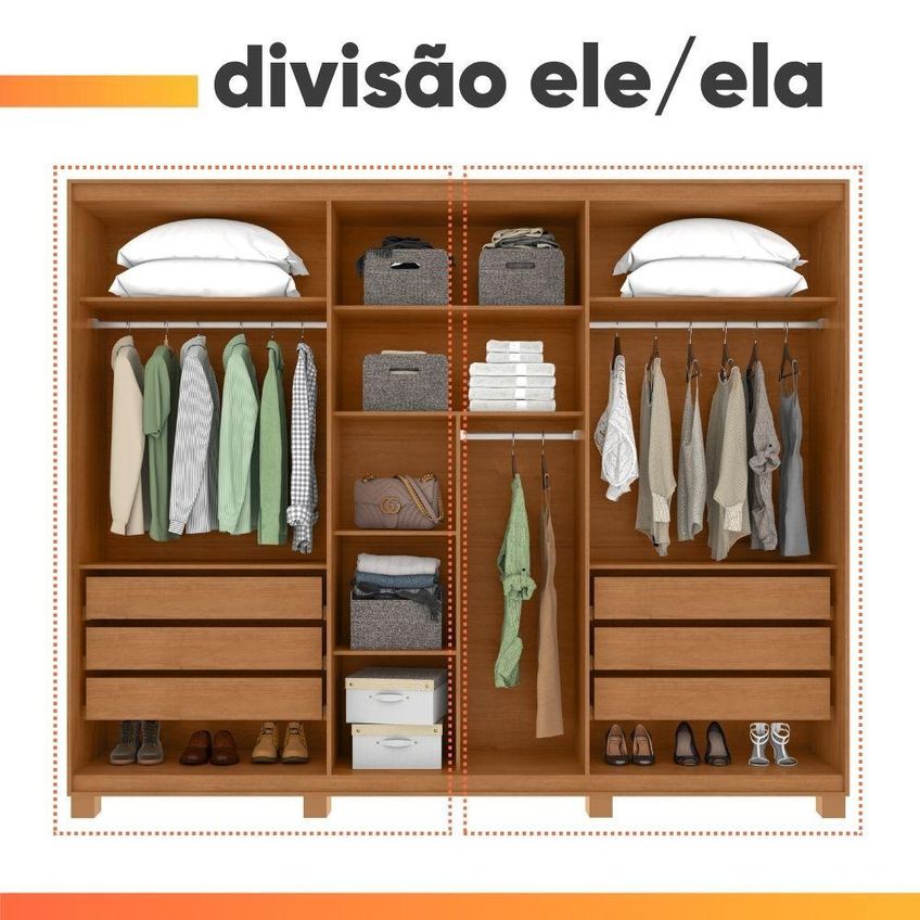 Guarda Roupa Casal Sulivan 6 Portas De Bater 6 Gavetas MDF LED Madeirado - imagem 4