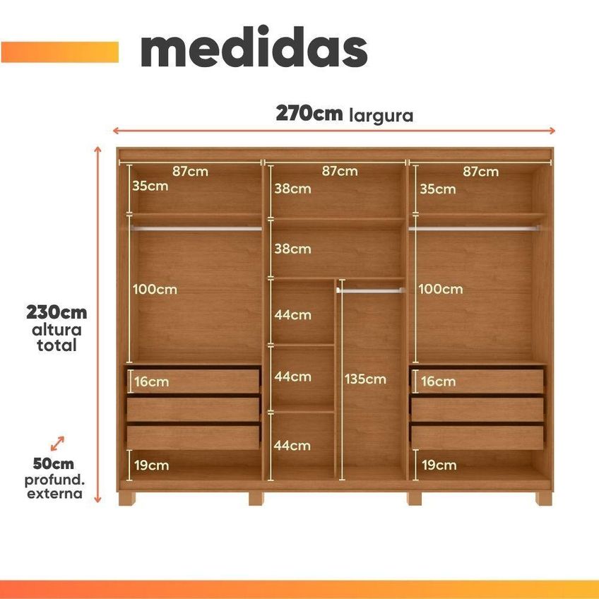 Guarda Roupa Casal Sulivan 6 Portas De Bater 6 Gavetas MDF LED Madeirado - imagem 5