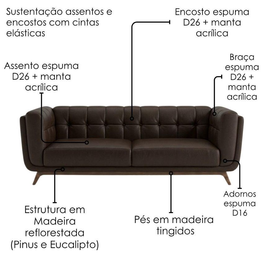Sofa Living 2 Lugares Bellare 180 Cm Pes Madeira Courino Tcs 721 Moll - imagem 5