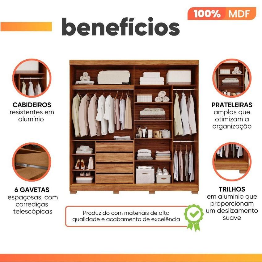 Guarda Roupa Casal Livia 2 Portas De Correr 4 Gavetas MDF Madeir-off Panan Móveis - imagem 4