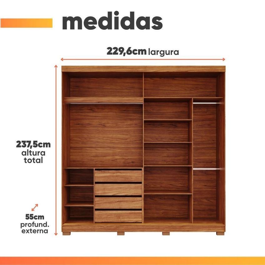 Guarda Roupa Casal Livia 2 Portas De Correr 4 Gavetas MDF Madeir-off Panan Móveis - imagem 5