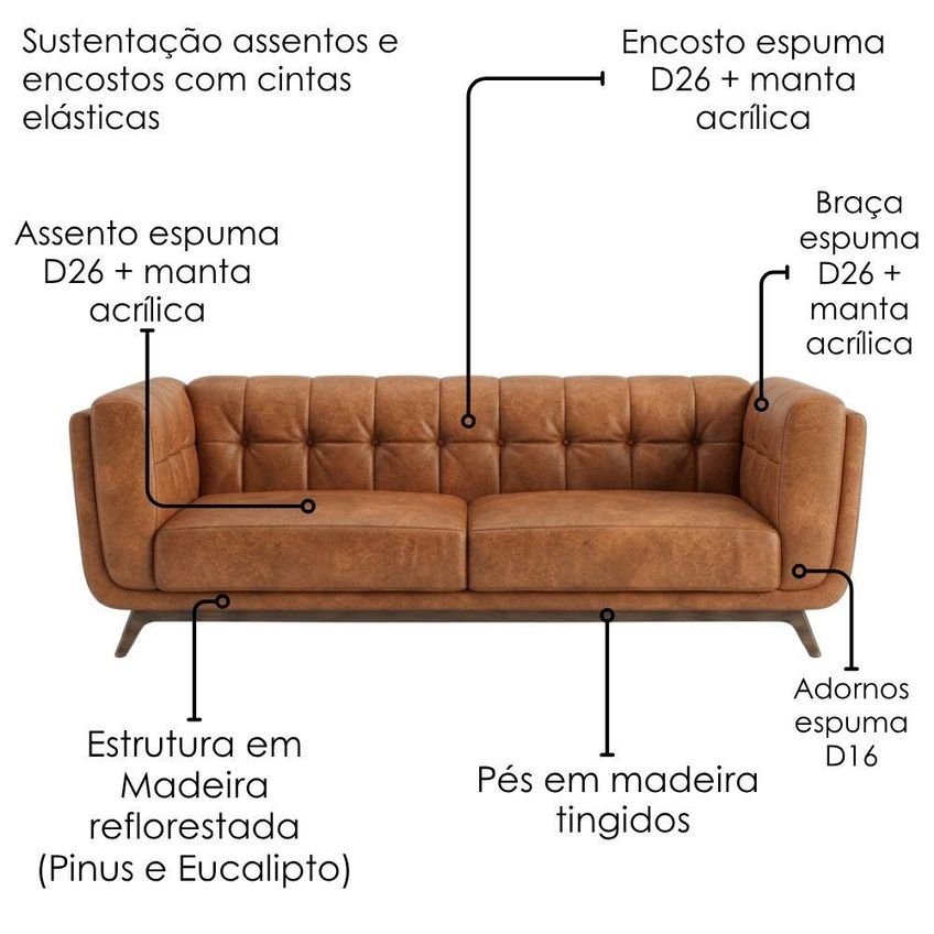 Sofa Living 2 Lugares Bellare 180 Cm Pes Madeira Courino Tcs 727 Moll - imagem 5