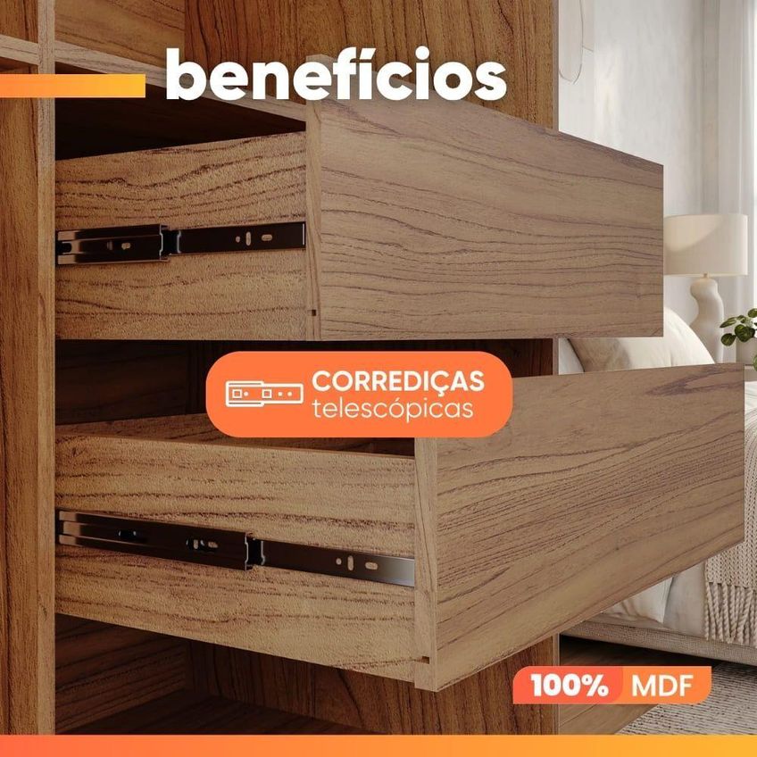 Guarda Roupa Casal Ilana 2 Portas De Correr 3 Gavetas MDF Madeir-off - imagem 2