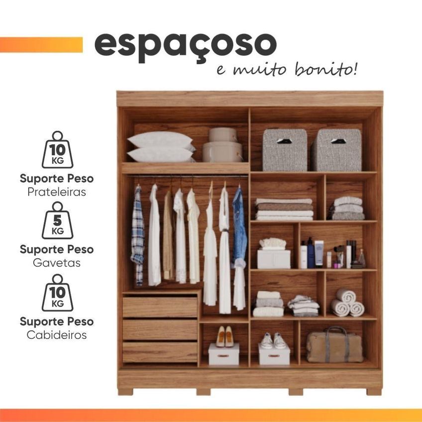 Guarda Roupa Casal Ilana 2 Portas De Correr 3 Gavetas MDF Madeir-off - imagem 4