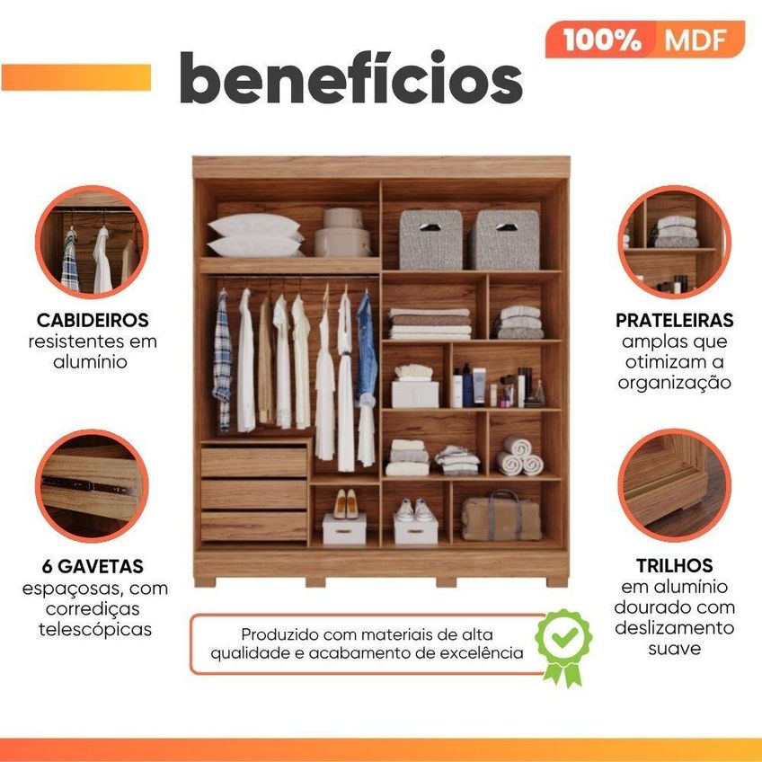 Guarda Roupa Casal Ilana 2 Portas De Correr 3 Gavetas MDF Madeir-off - imagem 5