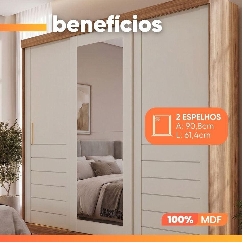Guarda Roupa Casal Lia 3 Portas De Correr Com Espelho 6 Gavetas MDF Madeir-off - imagem 5