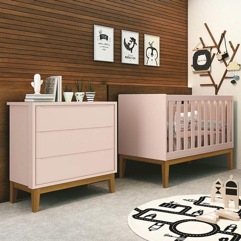 Jogo De Quarto Infantil Cômoda E Berço Classic MDF Rosa Fosco Com Pés Amadeirado Reller Móveis - imagem 5