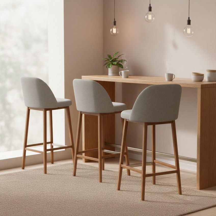 Banqueta Estofada Kelly Em Tecido Linho Cinza Com Estrutura Castanho - imagem 3