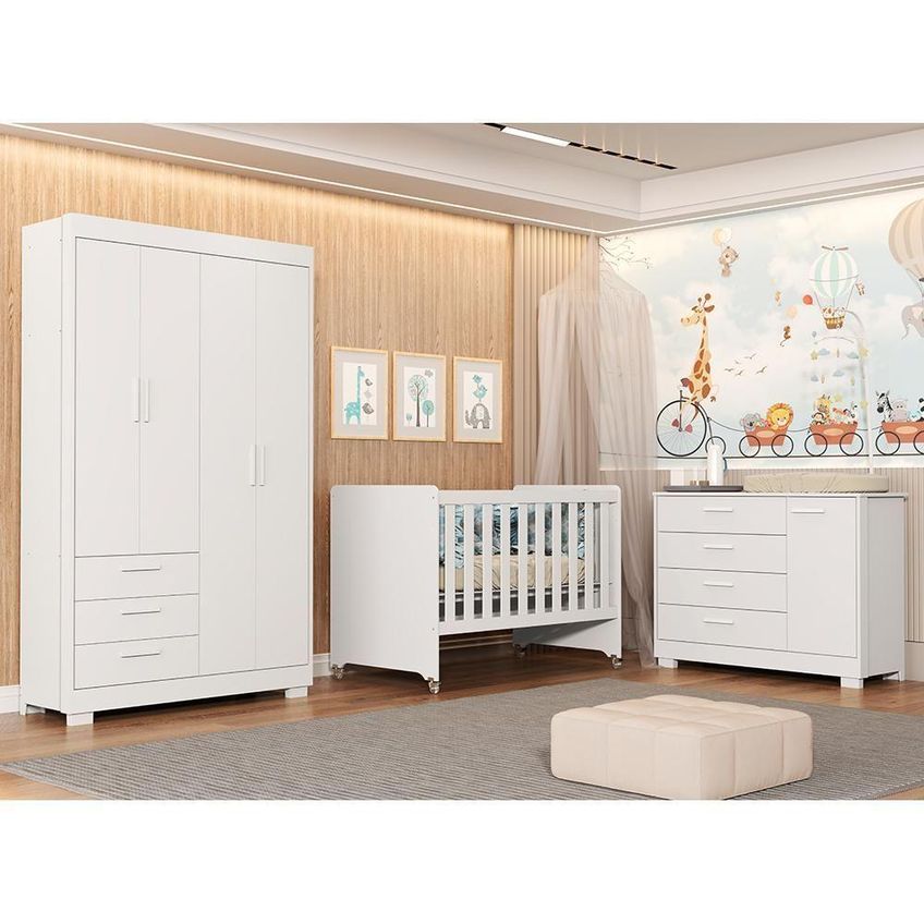 Conjunto De Quarto Zaki Guarda Roupa Cômoda Berço 4 Portas 3 Gavetas MDF Branco Fosco Reller Móveis - imagem 3