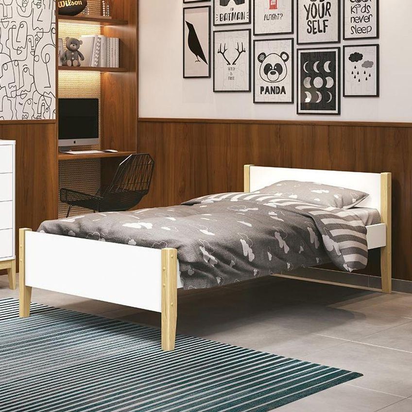 Cama Solteiro Simba Com Colchão MDF Branco Fosco Reller Móveis - imagem 5