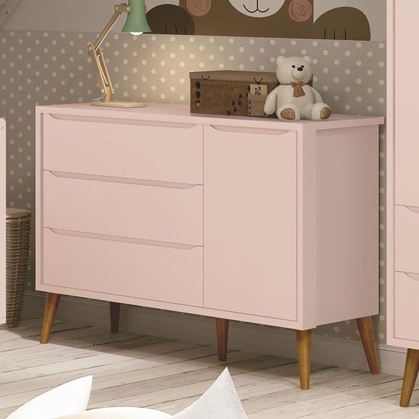 Cômoda Infantil Theo Retrô 3 Gavetas MDF Puxador Embutido Rosa Fosco Reller Móveis - imagem 2